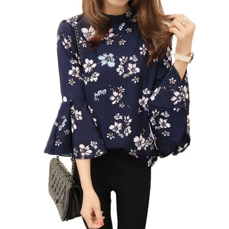 ROPALIA осень Цветочный Шифоновая блузка Для женщин топ с расклешенными рукавами рубашка Для женщин офисная блузка корейской Моды Blusas Сорочка