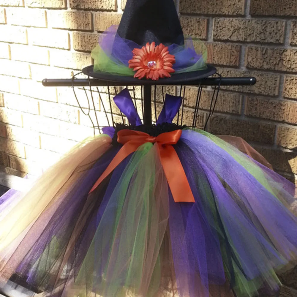 

Halloween Carnival Party Witch Cosplay Tutu Dress with Wizard Hat for Girl Ribbons Sashes Mid Calf Length Party Bow-knot Dresses