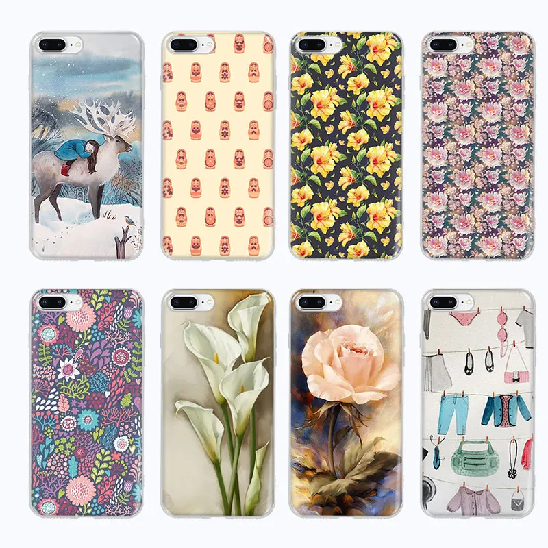 

Flower Painted Phone Case For iPhone 6 6S 7 8 X Case Soft Transparent TPU Cover For iPhone 6 6S 7 8 Plus 5 5S SE XR X Max Cases