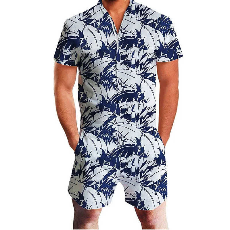 2019 Модный комбинезон с принтом Шорты цельный Гавайский мужской повседневный v-образный вырез Короткие рукава уличная одежда до колена