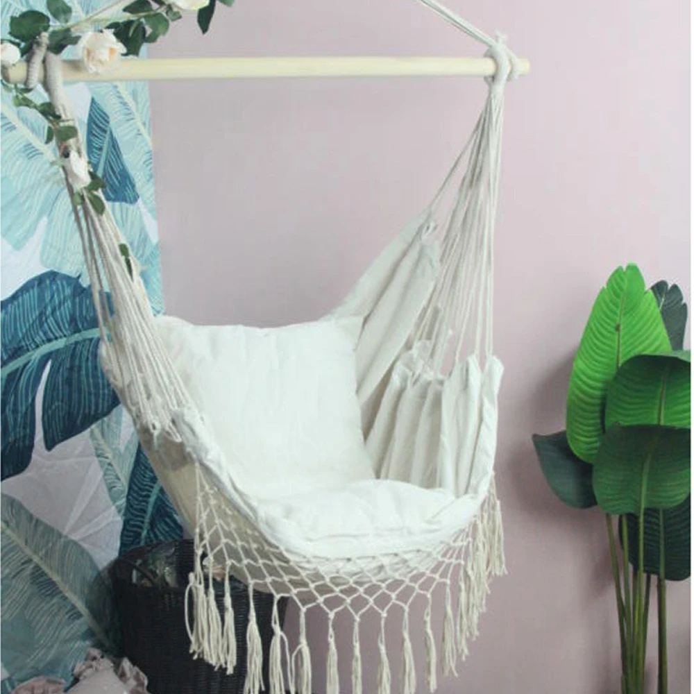 Nordic Style Tassels Hanging Swing Hommock Lounge Rocking Chair with Cushions Kids Adults Patio Swing Seat Room Garden Furniture