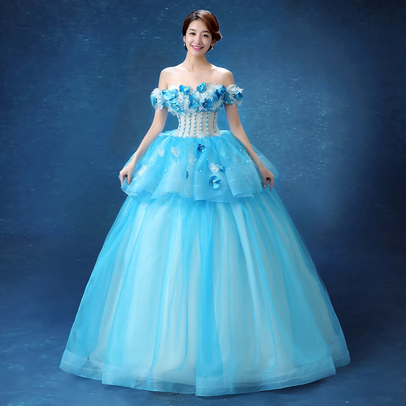 blue flowers beading slash medieval dress Renaissance Gown princess ...