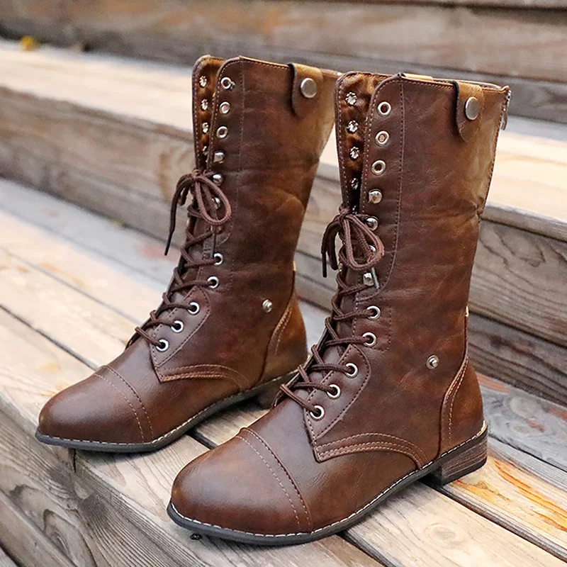 

Motorcycle Boots Ladies Plus Size 43 Cross Tied Beautiful PU Leather Boots Woman Knee Hight Rubber Boots For Women Hot Sale