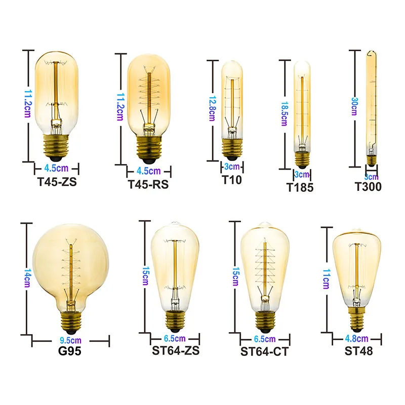 Ампулы Ретро Винтаж Эдисон лампы ST64 G95 ST48 T10 T185 T300 T45 E14 E27 220 В лампа накаливания лампы накаливания светильник теплый белый