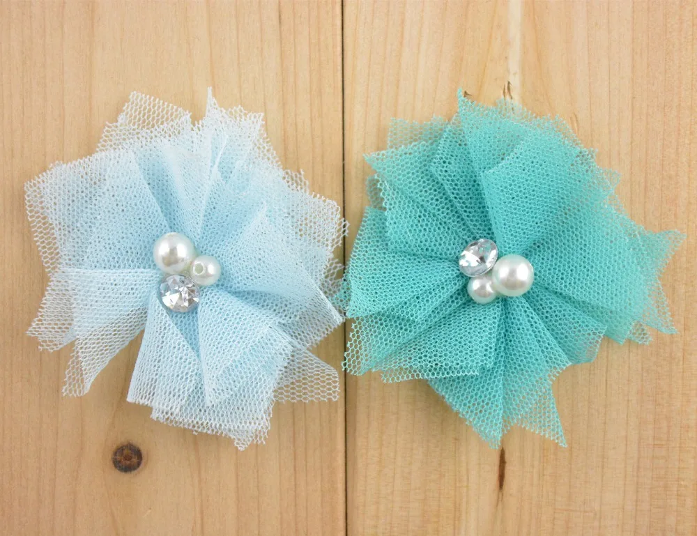 10pcs/lot 5cm 18colors DIY Soft Chic Mesh Hair Flowers With Rhinestones