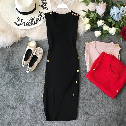 black dress Korobov корейское сексуальное трикотажное облегающее платье без рукавов, летнее Новое модное элегантное платье на пуговицах с круглым вырезом, однотонные вечерние платья 77930 - Цвет: black dress