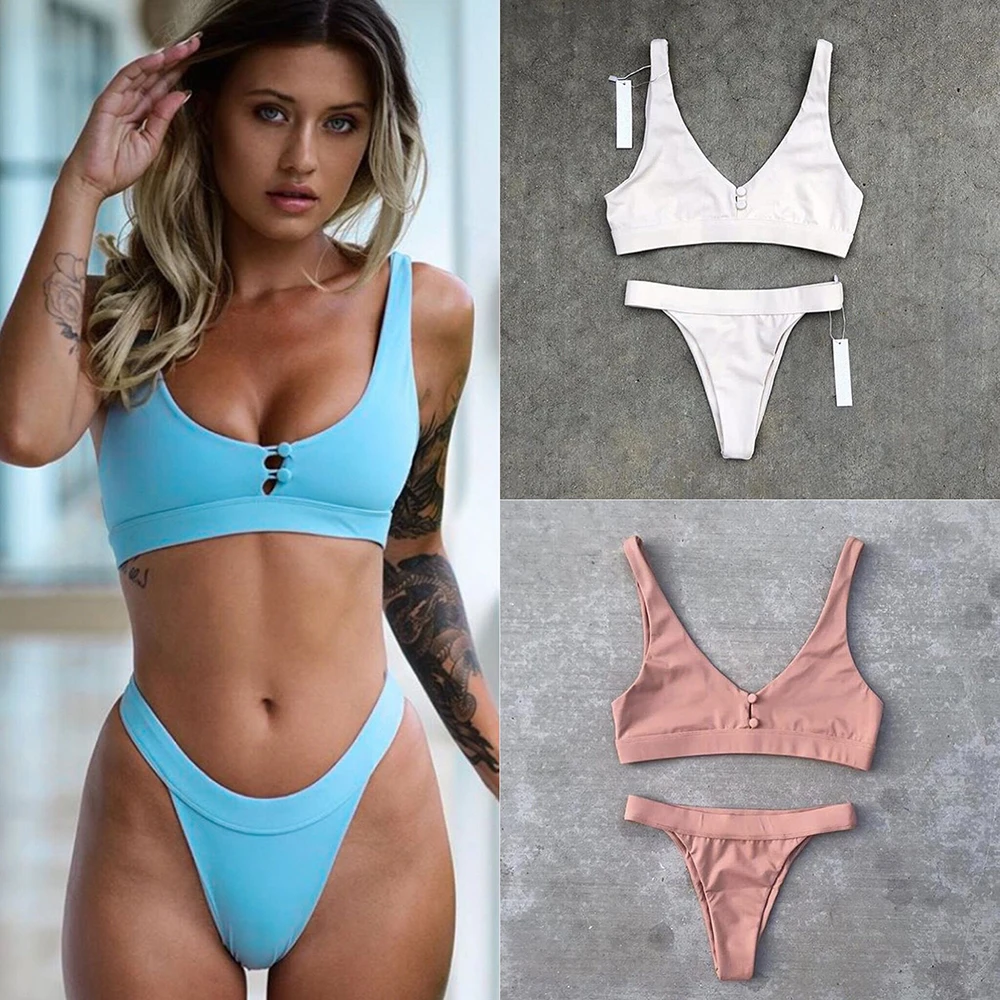 

ZTVitality Sexy Bikinis Solid Push Up Bikini 2019 Hot Sale Padded Bra Button Low Waist Thong Swimsuit Swimwear Women Biquini XL