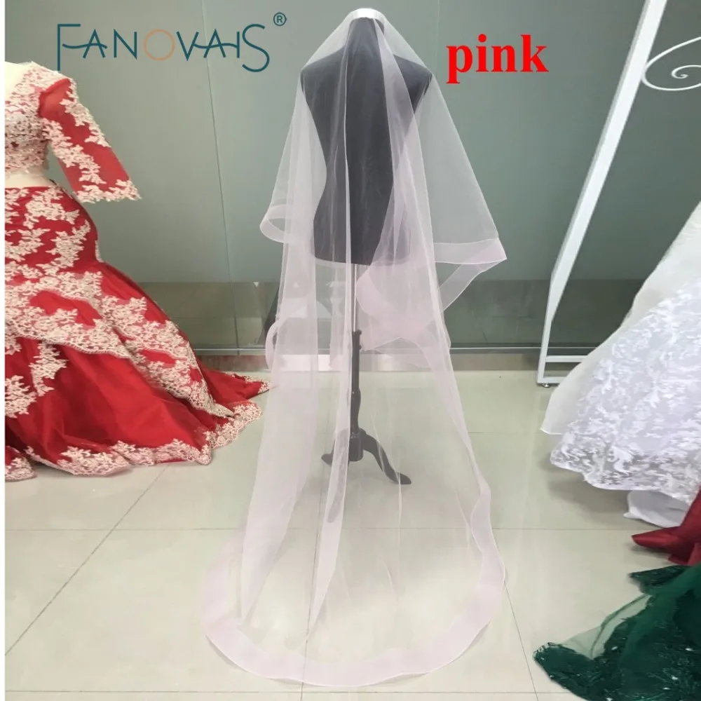 

Custom Made Tulle Pink Cathedral Wedding Veil for Bride 2019 Wedding Accessories veu de noiva longo com renda Long Bridal Veils
