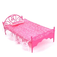 Children Toys Dollhouse Plastic Bed With Lace Bed Sheet and Pillow Furniture for Barbie Dolls House Furniture Xmas Gift