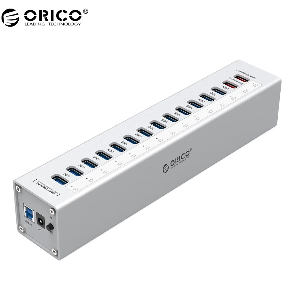 ORICO A3H13P2 Aluminum 13 Ports USB3.0 HUB with 2 Charging Ports 5V2.4A Super Charger / 5V1A Universal -Silver ORICO A3H13P2 Aluminum 13 Ports USB3.0 HUB with 2 Charging Ports 5V2.4A Super Charger / 5V1A Universal -Silver