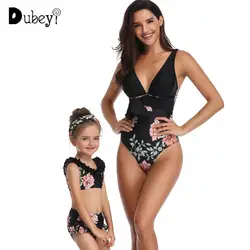 Семейный купальник для мамы и дочки с v-образным вырезом и цветами, Модный черный купальник для женщин, костюм