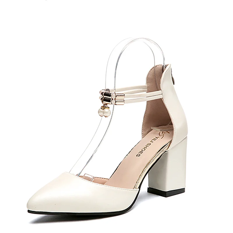 

Women Fashion Dress Wedding Shoes White Square heel Ankle-Starp Summer Spring Women Shoes Pointed Toe Pumps with Pearl 7.5cm