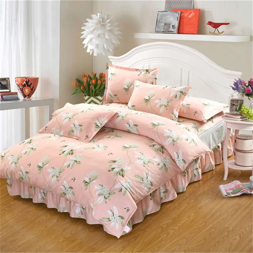 

Fashion Pastoral style pink flower cotton bedding sets queen king size kid/adult home textile bed skirt pillowcase duvet cover