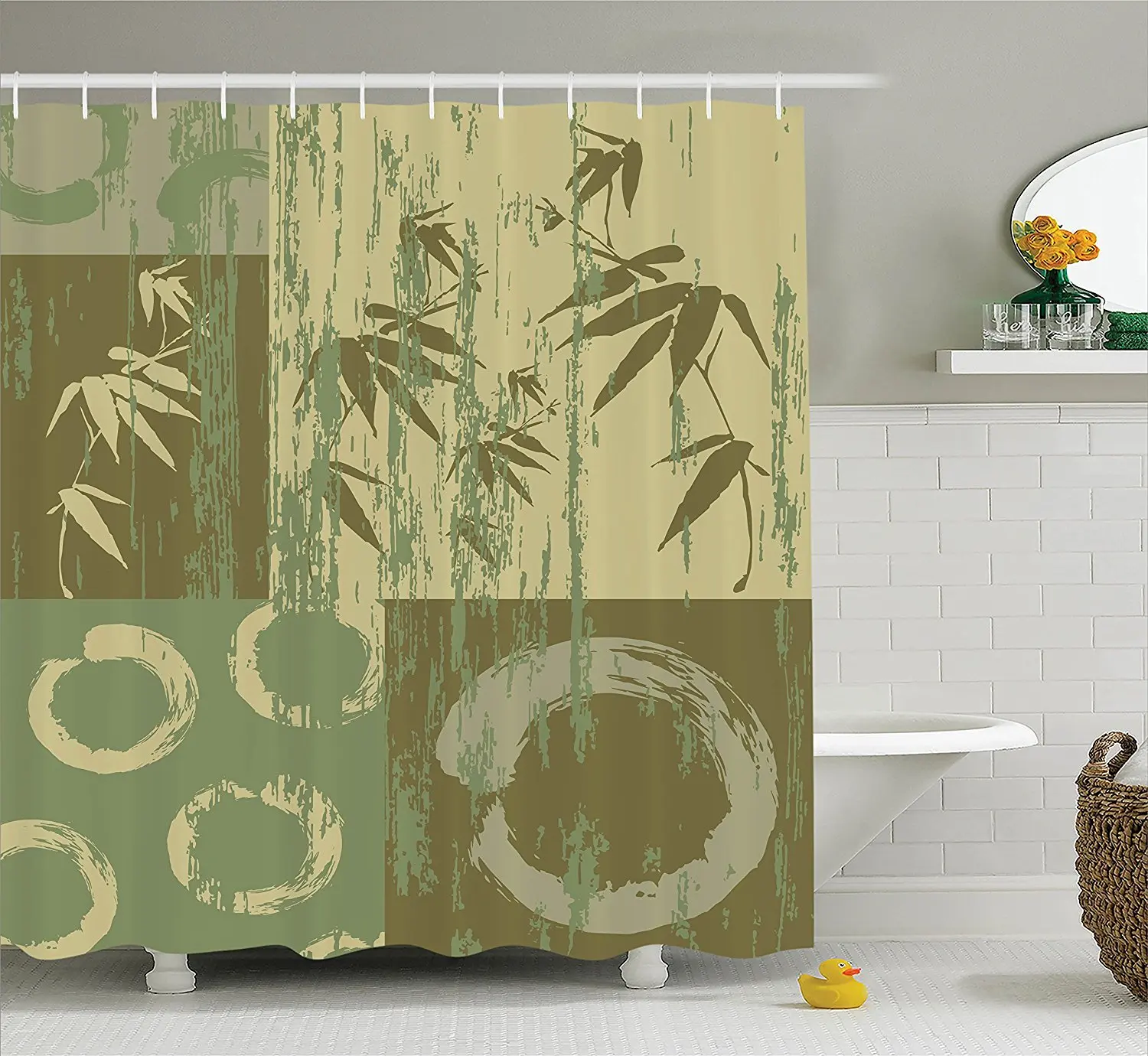 Bamboo House Decor Shower Curtain Set Zen Circle And Bamboo Silhouette