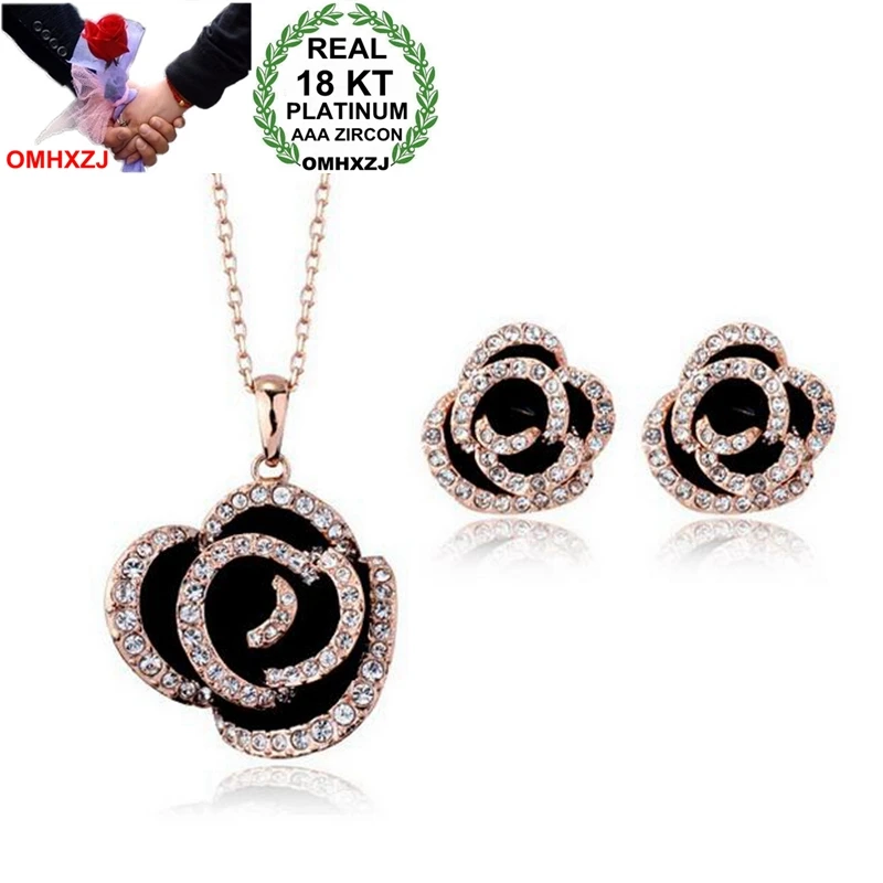 

OMHXZJ Wholesale AAA Zircon Crystal Gold Silver 18KT Platinum Woman Wild Bride Rose Wreath Necklace Earrings Jewelry Sets ST96