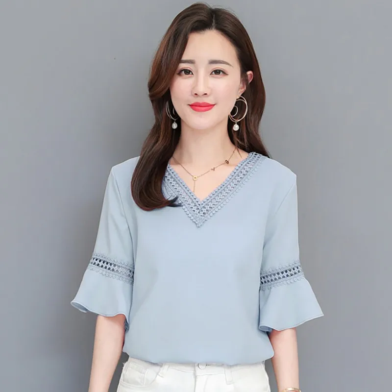 

2019 Women's Clear New V-neck Shirt Short Butterfly Sleeve Ruffle Casual Fashion Cutout Chiffon Blouse