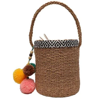 

NEW-New Fashion Bucket Woven Bag Embroidery Serve Pendant Straw Bag Summer Vacation Ladies Beach Bag
