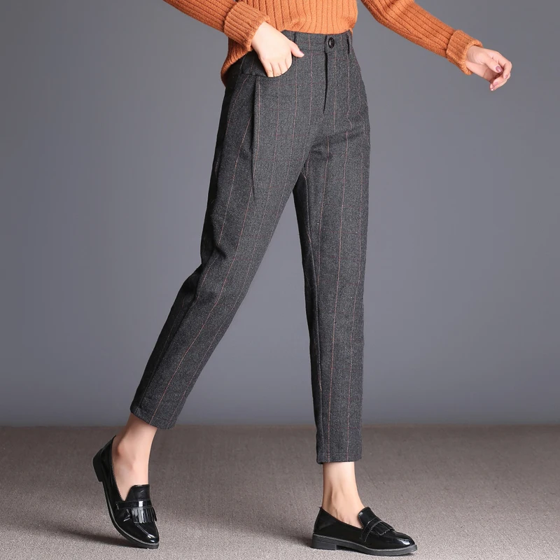 

Striped woolen harem pants nine pants wide leg pants girls fat plus size fat mm high waist loose woolen radish pants