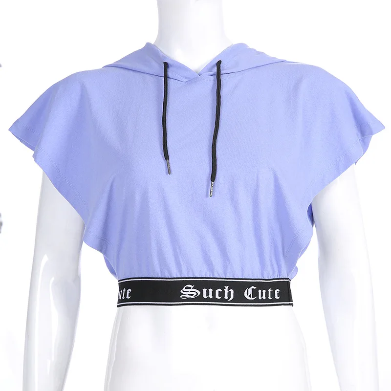 Summer Backless Hooded Cotton Loose Short Sleeve Oversize Letter Printed Patchwork Women Korean Summer Tops