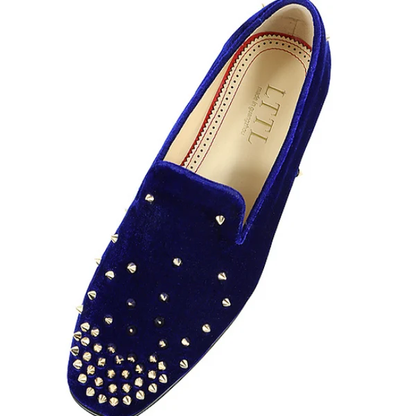 

MIKISHYDA Fashion Royal Blue Shoes Gold Spike Rivets Slip On Crystal Flats Men Shoes 100 Gorgeous Prom Shoes Loafer Summer