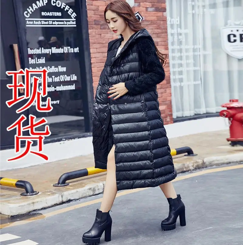 

Korean female long winter feather padded coat sleeve thickened mink cashmere thin patchwork sashes cotton padded outwear