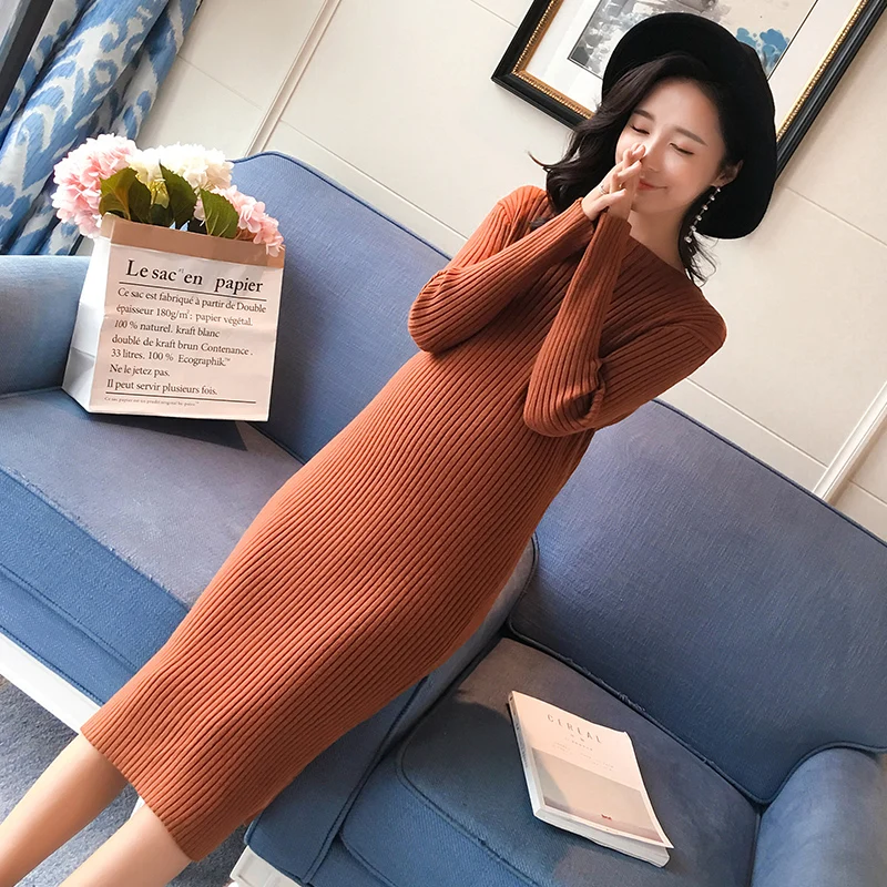 

Slim Knitted Matenity Long Dress Autumn Winter Fashion Clothes for Pregnant Women Pregnancy Sweet Charming Pleat Pregnancy