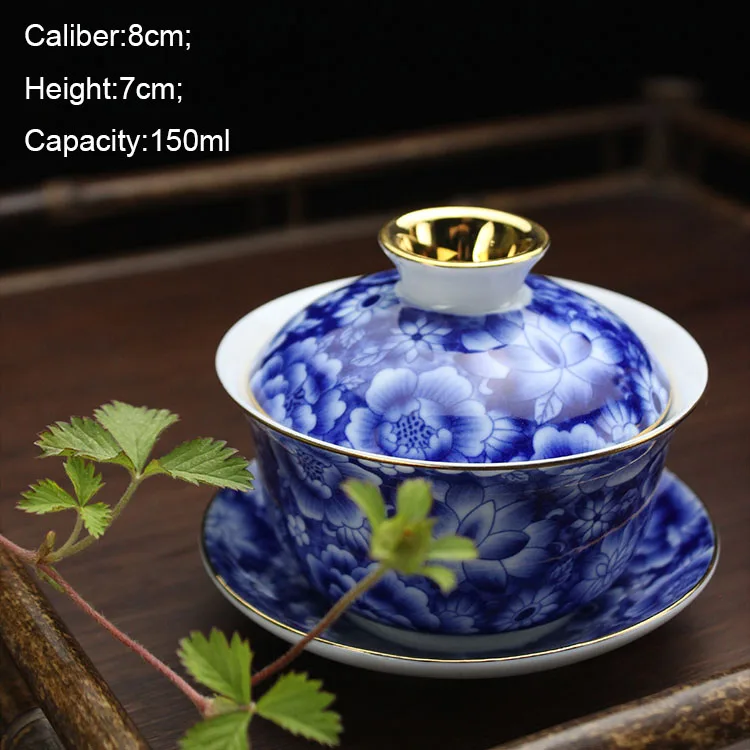 Ручной работы китайский традиционный Цзиндэчжэнь синий и белый позолоченный керамический фарфор Gaiwan чайный набор кунг-фу чайная чашка Свадебная чаша