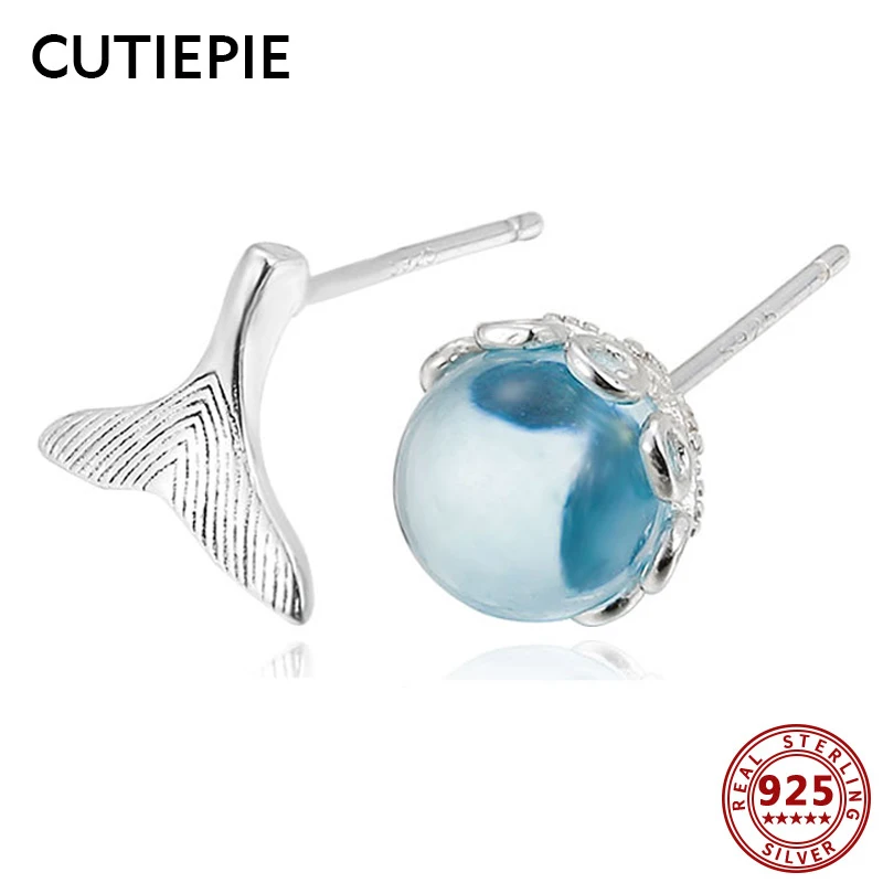 

CUTIEPIE Real 925 Sterling Silver Mermaid Tail Blue Crystal Round Stud Earrings for Women Earrings Sterling Silver Jewelry Gifts