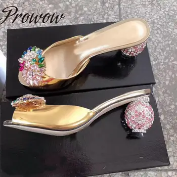 

Prowow New Gold Genuine Leather Jewel Decoration Floral Summer Sandals Open Toe Crystal Ball HIgh Heel Sandals Slippers Shoes Wo