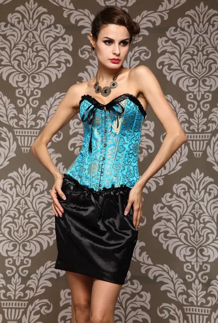 Nice Young Girl Sexy Latex Rubber Corsets Blue Brocade Bustier Corset