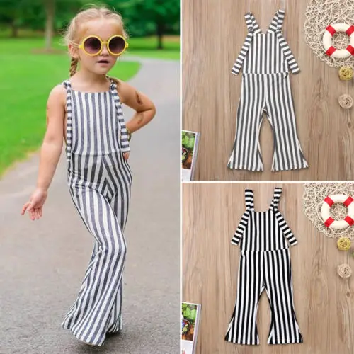 

Kids Baby Girls Striped Brace Pants Overalls Romper Bell Bottom Outfits Clothes