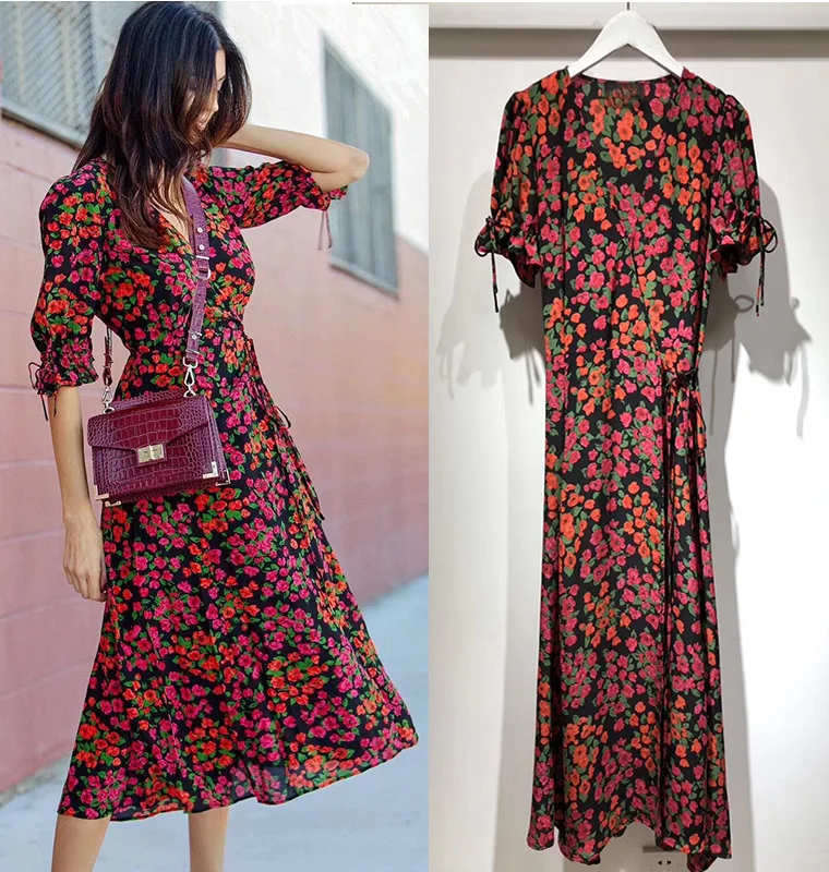 Women Dress High Quality Heavy Silk Printed Short-sleeved Dress Romantic V-neck Dress