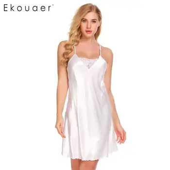 

Ekouaer Nightgown Women Sexy Satin Chemise Sleepwear V-Neck Lace Patchwork Slip Nightdress Female Lingerie Dress Sleepshirts