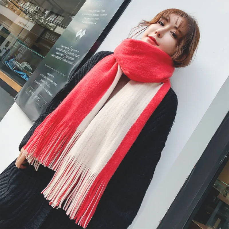 Зимний длинный шарф смешанных цветов, универсальный теплый толстый полосатый платок, Женский однотонный плотный теплый шарф, двусторонняя шаль, шарфы - Цвет: red