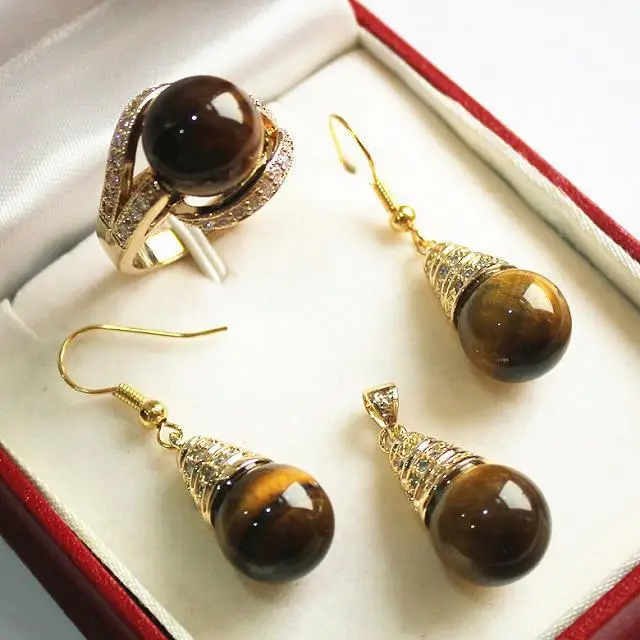 

hot sell new - noble new jewelry 18KGP + 12mm tiger eye stone pendant, earring, , ring set