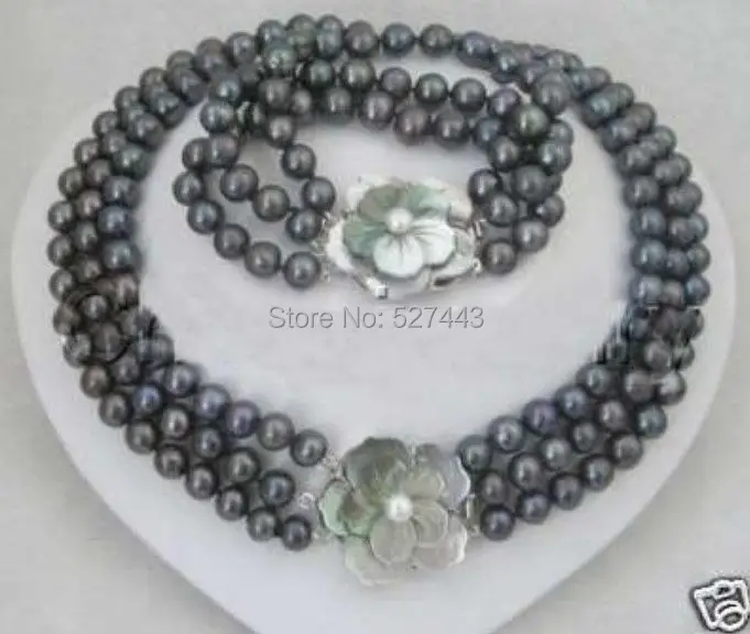 

Wholesale free shipping >>>>>Noblest 3 row 7-8MM black pearl necklace bracelet set