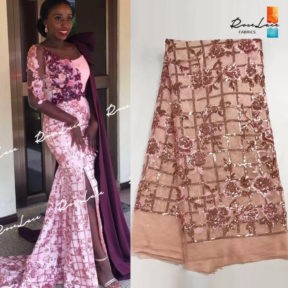 

Peach Flower Sequined Embroidered French Net Lace Fabric Nigerian Sequins Lace Guipure Fabric New Fashion India Tulle Material