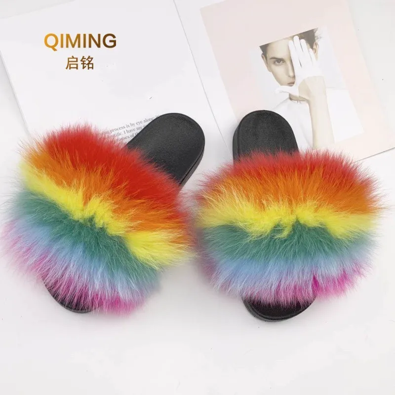 

High Quality Really Fox Fur Home Slippers Women Shoes Woman Eva Leather And Fur Slipper One Word Drag Non-slip Flip Flops Slides