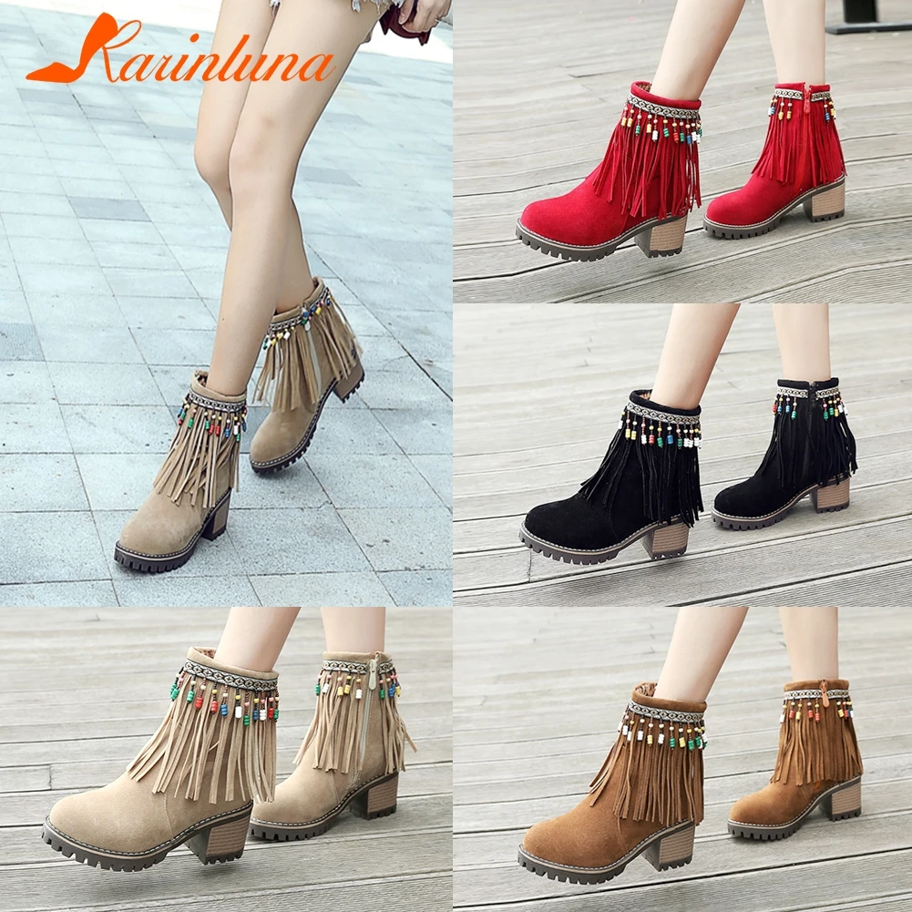 

KARINLUNA 2019 Winter Brand Big Size 33-43 Women Ankle Platform Boots Fringe High Heels Fur Boots Decorating Shoes Woman