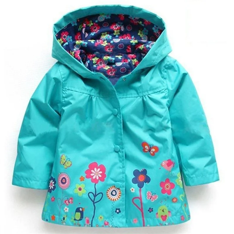 Модные милые детские куртки-ветровки для девочек с цветами Куртка ветровка- плащ для девочек с капюшоном и длинным рукавом Верхняя одежда плащ 2 до 6 лет - Цвет: blue coat
