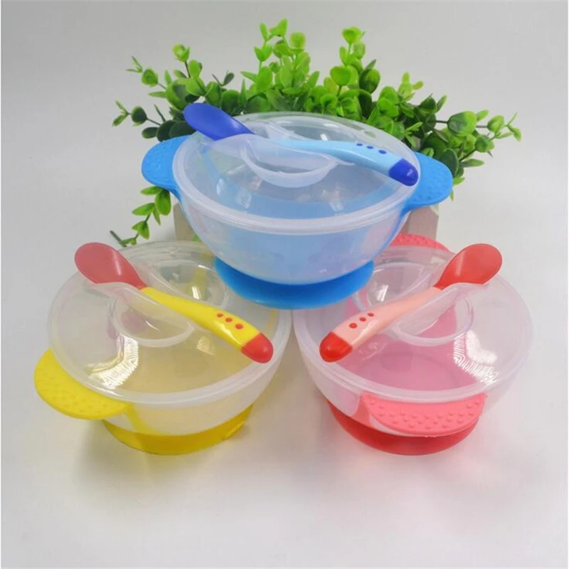 Baby PP Feeding Dinnerware Set Infant With Suction Cup Bowl And Temperature Sensing Spoon Set Kids Training Tableware