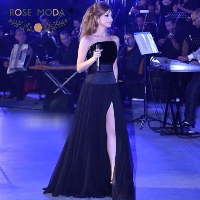 

Rose Moda Black Floor Length Prom Dress with High Slit Formal Dress