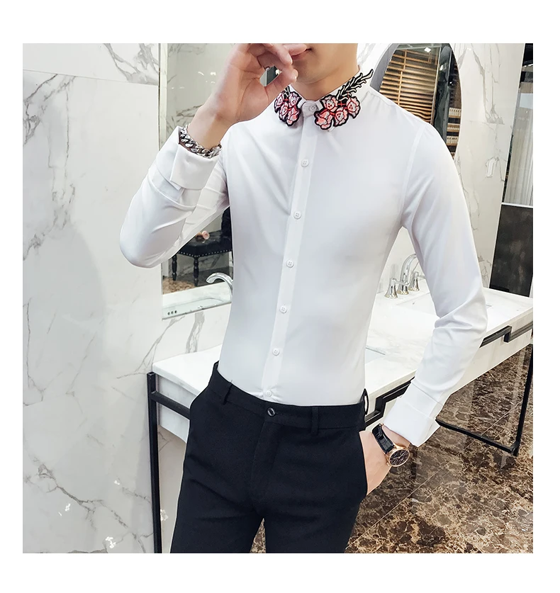 Аппликация Свадебное рубашка Для мужчин 2017 зима теплая Slim Fit Дизайнер рубашка Chemise Homme для торжеств вечерние рубашка Для мужчин Camicie Uomo 2xl