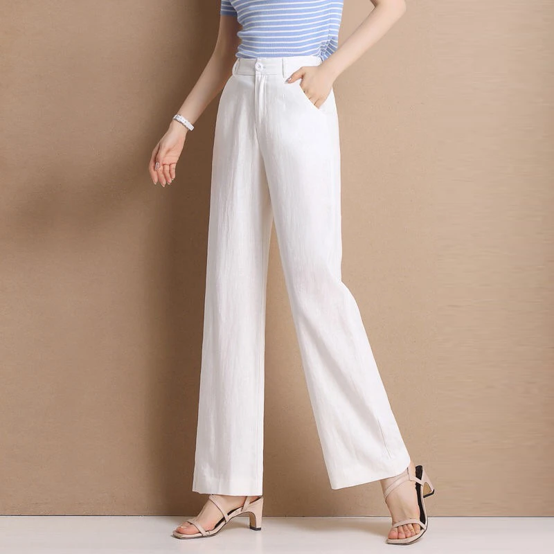White high waisted linen trousers Clearance