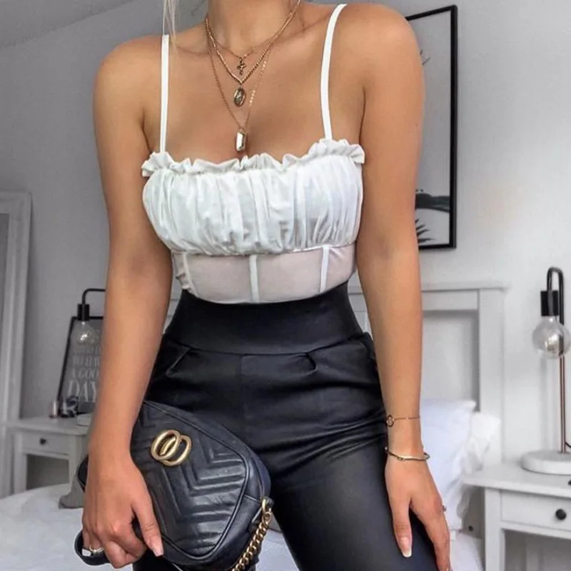Hugcitar spaghetti straps mesh patchwork ruffles sexy camis 2019 summer women fashion party club streetwear solid crop tops