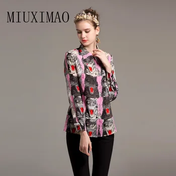 

2018 Latest Autumn New Arrival Fashion Europe Style Turn-down Collar Full Sleeve Pattern Tiger Print Fashion Blouse Women