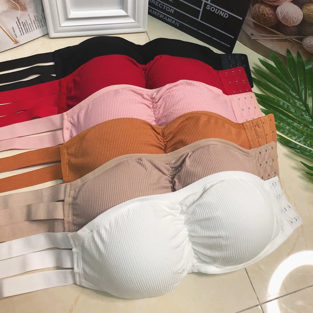 

Girls Strapless Wire Free Pushup Bra Women's Stretchy Padded Solid Wrap Tube Top Bandeau Short Camisole Tops With Pads