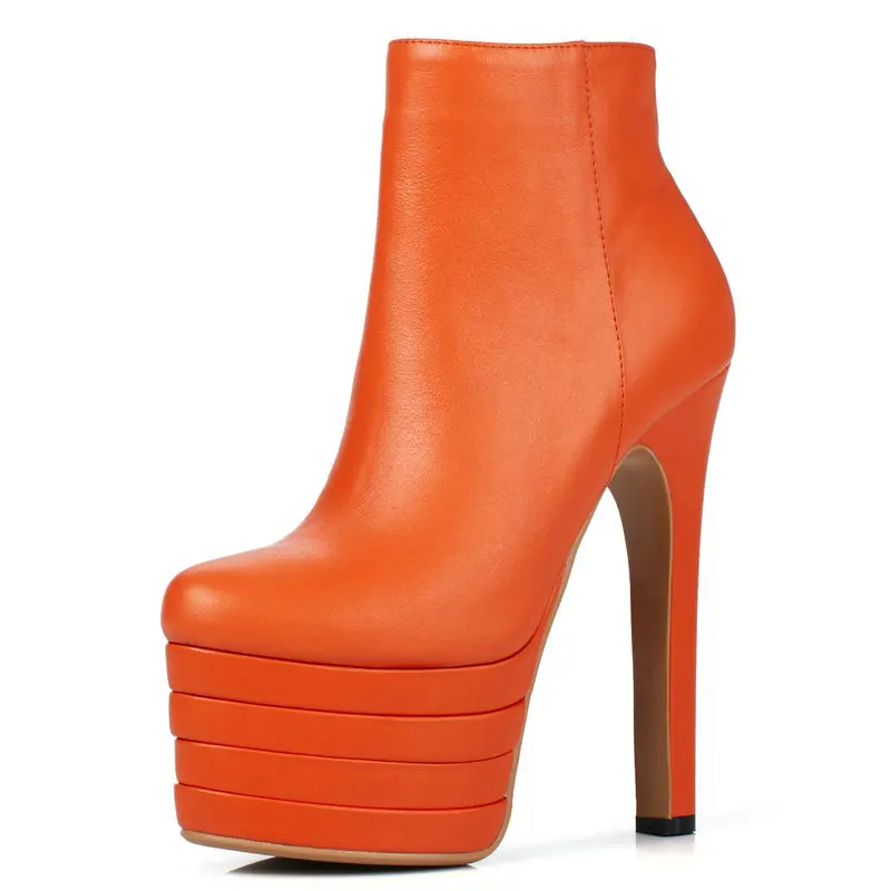 

Luxury Genuine Leather High Heel Platform Ankle Boots for Women Fashion Sexy Block Heel Party Wedding Short Boots Women Orange