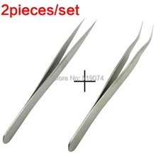 2pcs Switzerland Standard Professional Stainless Steel Angle Curved Straight Tweezers Eyelashes Extension Free Shipping