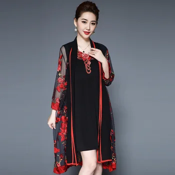 

Women Vintage Embroidery Flower Casual Dress Summer Two Piece Mesh Dress Black Party Dresses Plus Size Womem Clothing Vestidos